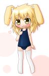  1girl animal_ears blonde_hair chibi fang original rabbit_ears school_swimsuit shinshia solo swimsuit thigh-highs yellow_eyes 