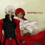  blue_eyes braid cape crop_top dante dark_skin devil_may_cry devil_may_cry_2 gloves hair_over_one_eye long_hair lucia_(devil_may_cry) midriff nama_(na-ma) red_hair short_hair skull trench_coat white_hair 
