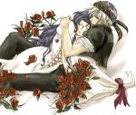  1girl final_fantasy final_fantasy_vi flower gumi_(nisoniso) hug lock_cole long_hair rachel_(ff6) rachel_(ffvi) red_rose rose 