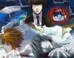  brown_eyes brown_hair clock collage death_note falling formal l lying pen suit yagami_light 