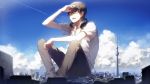  1boy city cityscape clouds giant glasses headphones niconico open_mouth pants rella scenery shirt shoose short_hair sitting sky solo tower vocaloid 