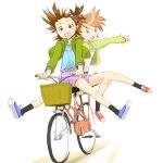  bicycle brown_eyes brown_hair cif cruiser_bicycle futami_ami futami_mami idolmaster short_hair shorts siblings side_ponytail twins 