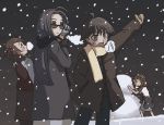  amami_haruka antenna_hair black_hair breath brown_eyes brown_hair coat futami_ami gloves idolmaster jacket kikuchi_makoto long_hair mittens miura_azusa raglan_sleeves ribbon ribbons riyo riyo_(lyomsnpmp) scarf short_hair side_ponytail snow snowman sunglasses wave waving 