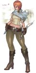  boots capcom crop_top devil_may_cry devil_may_cry_2 dual_wielding hair_over_one_eye high_heels knife lucia_(devil_may_cry) memememe midriff orange_hair pants red_eyes scarf shoes short_hair skin_tight sword weapon 