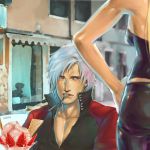  dante devil_may_cry food food_on_face fruit head_out_of_frame ice_cream leather mouth_hold parfait silver_hair spoon strawberry trish wakky 