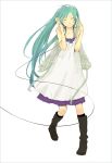  boots cable closed_eyes dress hatsune_miku headphones long_hair simple_background sleeveless smile standing twintails vocaloid yoshito 
