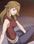  blonde_hair blue_eyes breasts brown_hair butt_crack haruyama jeans large_breasts long_hair looking_back no_panties sitting sleeveless smile solo witch_hunter_robin yurika_doujima 