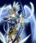  armor armored_dress blue_eyes bow_(weapon) feathers grey_hair lenneth_valkyrie long_hair sword valkyrie_profile weapon wings 