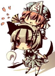  :&lt; :d anger_vein angry blush chibi dango_mushi dress fan folding_fan ghost headband katana konpaku_youmu konpaku_youmu_(ghost) lowres myon open_mouth petals red_hair saigyouji_yuyuko smile sword thighhighs touhou weapon zettai_ryouiki 