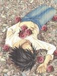   black_hair closed_eyes death_note flower l lying rose  
