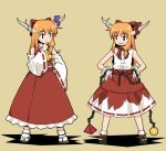  alternate_color blonde_hair bow chain cosplay detached_sleeves dual_persona grin hair_bow hakurei_reimu hakurei_reimu_(cosplay) haniwa haniwa_(leaf_garden) horns ibuki_suika orange_hair ribbon smile touhou 