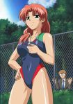  competition_swimsuit fence green_eyes long_hair lowres mejoku one-piece_swimsuit peeking peeping_tom red_hair redhead swimsuit teacher whistle 