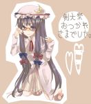  bespectacled glasses hair_ribbon hair_ribbons hat long_hair patchouli_knowledge purple_eyes purple_hair ribbon ribbons suzumura_tomo touhou translated violet_eyes 