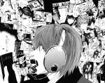  book collage death_note death_note_(object) headphones headset highres l manga misora_naomi monochrome raye_penber rem ryuk scream screaming yagami_light 