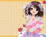  1280x1024 brown_hair dress flower hairband rose roses short_hair suzumiya_haruhi suzumiya_haruhi_no_yuuutsu wallpaper wedding_dress yellow_eyes 