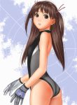  ass brazen brown_eyes brown_hair gloves long_hair looking_back one-piece one-piece_swimsuit open_mouth original solo swimsuit 