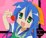  food fruit green_eyes holding holding_fruit izumi_konata long_hair lucky_star school_uniform strawberries strawberry 