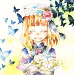  blonde_hair butterflies closed_eyes daisy dress eva_beatrice flower hat rose roses smile tears umineko_no_naku_koro_ni 
