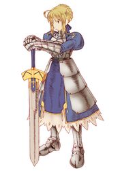  armor blonde_hair fate/stay_night fate_(series) final_fantasy final_fantasy_tactics gauntlets greaves hands_on_hilt look-alike parody rokko saber solo style_parody sword weapon 