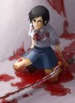  blood blood+ bow kneeling otonashi_saya red_eyes short_hair skirt sword weapon yuzunoki_taro 