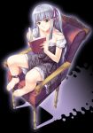  book chair dress legs long_hair maki_aida_factor reading silver_hair 