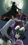  a.torii arrow black_hair bow_(weapon) bunny_ears flying hat houraisan_kaguya inaba_tewi long_hair moon purple_hair rabbit_ears reisen_udongein_inaba short_hair silver_hair touhou v weapon yagokoro_eirin 