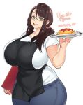  1girl agawa_ryou apron belly black-framed_eyewear breasts brown_eyes brown_hair commentary curvy dated denim glasses huge_breasts jeans long_hair looking_at_viewer open_mouth original pants plump ponytail raised_eyebrows simple_background smile solo standing thick_thighs thighs white_background wide_hips 