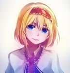  1girl alice_margatroid bangs blonde_hair blue_eyes commentary english_commentary face frilled_hairband frills gradient gradient_background hair_between_eyes hairband head_tilt looking_at_viewer portrait short_hair simple_background solo speckticuls touhou 