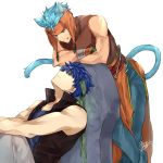  2boys animal_ears blue_eyes blue_hair cat_ears fingerless_gloves fire_emblem fire_emblem:_akatsuki_no_megami fire_emblem:_souen_no_kiseki gloves green_eyes headband heterochromia highres ike male_focus multiple_boys nintendo ranulf short_hair smile tail yusya6_fe 