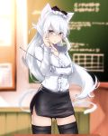  1girl absurdres adjusting_eyewear alternate_costume animal_ear_fluff animal_ears arm_under_breasts azur_lane bespectacled black_legwear black_skirt blue_eyes blurry blurry_background blush bow breasts cat_ears cat_tail chalkboard classroom collarbone collared_shirt commentary floating_hair frilled_shirt frills glasses hair_bow hammann_(azur_lane) highres indoors light_particles long_hair looking_at_viewer medium_breasts open_mouth pencil_skirt rurekuchie shirt skirt solo standing sweatdrop table tail teacher thigh-highs white_hair white_shirt 