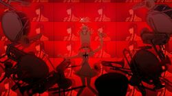  2girls arm_up band_uniform bangs baton black_hair blue_dress blunt_bangs blurry_foreground boots dress drum epaulettes flute frilled_skirt frills grin hat instrument jakuzure_nonon kill_la_kill kiryuuin_satsuki long_hair multiple_girls multiple_screens necktie pink_eyes pink_hair puffy_short_sleeves puffy_sleeves qiudao shako_cap short_hair short_sleeves sidelocks skirt skull smile television_screen thighs trumpet white_neckwear white_skirt white_wrist_cuffs winged_hat wrist_cuffs 