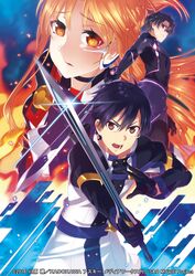  1girl 2016 2boys asuna_(sao) augma black_bodysuit black_gloves black_hair blonde_hair bodysuit braid brown_eyes choker crown_braid floating_hair gloves holding holding_sword holding_weapon is_ii kirito long_hair looking_at_viewer multiple_boys open_mouth sword sword_art_online v-shaped_eyebrows very_long_hair weapon 