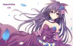  1girl bare_shoulders blue_flower blue_rose blush bow breasts choker cleavage commentary_request date_a_live dated dress elbow_gloves flower gloves hair_between_eyes hair_bow happy_birthday highres long_hair looking_at_viewer medium_breasts multicolored multicolored_eyes neps-l petals purple_bow purple_choker purple_dress purple_gloves purple_hair rose rose_hair_ornament simple_background skirt_hold smile solo very_long_hair violet_eyes white_background yatogami_tooka yellow_eyes yellow_flower 