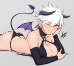  1girl ;) airisubaka artist_name ass breasts cleavage demon_horns demon_tail demon_wings detached_sleeves elbow_rest eyebrows_visible_through_hair grey_background horns large_breasts looking_at_viewer lying miyabi_(senran_kagura) o-ring o-ring_top on_stomach one_eye_closed senran_kagura short_hair simple_background smile solo tail white_hair wings yellow_eyes 