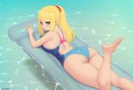  1girl air_mattress artist_name ass back bare_shoulders barefoot blonde_hair blue_eyes breasts commentary english_commentary eyebrows_visible_through_hair eyes_visible_through_hair feet foot_up from_behind kuroonehalf large_breasts long_hair looking_at_viewer looking_back lying metroid nintendo on_stomach one-piece_swimsuit ponytail samus_aran skindentation smile solo swimsuit toes water wet 