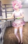  1girl 3d_background baking_sheet casual chromatic_aberration collarbone commentary doki_doki_literature_club english_commentary food full_body hair_ornament hair_ribbon hairclip highres indoors kitchen natsuki_(doki_doki_literature_club) oven_mitts pastry pink_eyes pink_hair pink_skirt red_ribbon ribbon shirt short_hair short_sleeves skirt smile solo sparkle thigh-highs tsukimaru two_side_up white_legwear white_shirt zettai_ryouiki 