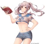  1girl artist_request book braid breasts brown_eyes clothes_writing collarbone cowboy_shot crop_top denim denim_shorts female_my_unit_(fire_emblem:_kakusei) fire_emblem fire_emblem:_kakusei flag_print french_braid gloves hand_on_hip hand_up highres long_hair looking_at_viewer mamkute medium_breasts midriff my_unit_(fire_emblem:_kakusei) navel nintendo robe short_shorts short_sleeves shorts silver_hair simple_background smile solo standing stomach twintails under_boob white_background white_hair 