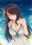  1girl aotsu_karin arm_behind_back bangs bare_arms bare_shoulders black_hair blue_dress blue_ribbon blue_sky blush breasts cleavage closed_mouth collarbone day dress hair_over_one_eye hand_on_own_chest huge_filesize large_breasts long_hair looking_at_viewer nose_blush original outdoors petals ribbon sky sleeveless sleeveless_dress smile solo sundress upper_body very_long_hair violet_eyes 