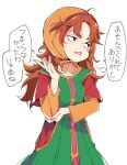  1girl dragon_quest dragon_quest_vii dress green_dress green_eyes hood ixy long_hair looking_to_the_side maribel_(dq7) open_mouth redhead simple_background solo speech_bubble translation_request white_background 
