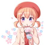  1girl :t bangs beret black_ribbon blush brown_jacket closed_mouth collared_shirt commentary_request cup disposable_cup drinking_straw eyebrows_visible_through_hair floral_background flower_in_eye gochuumon_wa_usagi_desu_ka? goth_risuto hair_between_eyes hat heart holding holding_cup hoto_cocoa jacket light_brown_hair looking_at_viewer neck_ribbon open_clothes open_jacket red_headwear ribbon shirt sidelocks smile solo sweater_vest symbol_in_eye twintails upper_body violet_eyes white_background white_shirt 