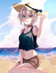  1girl absurdres anastasia_(idolmaster) barefoot beach between_legs black_bow black_ribbon black_tank_top blue_eyes blurry blurry_background bow brown_shorts choker clouds collarbone day groin hair_between_eyes hand_between_legs hand_on_headwear haruno_(haruno_na) hat hat_bow hat_ribbon highres idolmaster idolmaster_cinderella_girls looking_at_viewer midriff navel ocean open_mouth outdoors ribbon short_hair short_shorts shorts silver_hair sitting sleeveless solo stomach sun_hat sunlight wariza yellow_headwear 