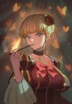1girl bangs beatrice_(umineko) blonde_hair blue_eyes blunt_bangs bow brown_choker bug butterfly choker commentary copyright_request english_commentary flower hair_bun hair_flower hair_ornament holding holding_pipe insect looking_at_viewer pink_bow pipe puffy_sleeves rose sidelocks smoking solo tim_loechner umineko_no_naku_koro_ni upper_body