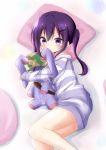  1girl dress from_above gochuumon_wa_usagi_desu_ka? hair_between_eyes hair_ornament hairclip long_hair long_sleeves lying on_side pillow pink_pillow purple_hair shiny shiny_hair solo sparkle striped striped_sweater stuffed_animal stuffed_toy sweater sweater_dress tedeza_rize twintails violet_eyes yu01914 