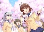  3girls antenna_hair arms_behind_head badge beige_blazer blue_eyes blue_skirt brown_eyes brown_hair cherry_blossoms clannad commentary_request furukawa_nagisa hairband hikarizaka_private_high_school_uniform ibuki_fuuko long_hair looking_at_viewer low-tied_long_hair misaki_juri multiple_girls open_mouth pleated_skirt round_teeth sailor_collar sakagami_tomoyo school_uniform short_hair silver_hair skirt smile teeth tree upper_body upper_teeth white_sailor_collar winter_uniform 