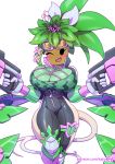  1girl ;) blaster_master_zero blaster_master_zero_2 blush_stickers bodysuit breasts catsuit cleavage commentary dual_wielding english_commentary fishnets flower flower_on_head food_print full-length_zipper goggles goggles_on_head green_hair green_skin gun handgun high_collar holding kajin_(kajinman) kanna_(blaster_master_zero) large_breasts monster_girl one_eye_closed patreon_username skindentation smile solo tail thick_thighs thigh_strap thighs unzipped watermelon_print weapon white_background zipper 