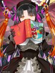  1girl alice_in_wonderland artist_name black_bow black_gloves black_hair blush book bow brown_eyes chocojax cosplay covered_navel dress fate_(series) gloves hair_bow highres holding holding_book horns long_sleeves looking_at_viewer nursery_rhyme_(fate/extra) nursery_rhyme_(fate/extra)_(cosplay) sesshouin_kiara solo standing 