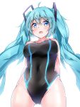  1girl :d absurdres ahoge aqua_hair arms_behind_back ass_visible_through_thighs bangs bare_shoulders black_swimsuit blue_eyes blush breasts covered_navel cowboy_shot eyebrows_visible_through_hair from_below glowing harukawa_(hal501) hatsune_miku highres long_hair looking_at_viewer looking_down medium_breasts open_mouth simple_background smile solo swimsuit tareme touhou very_long_hair vocaloid white_background 