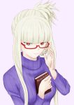  1girl adjusting_eyewear aoki_hagane_no_arpeggio bangs blonde_hair blunt_bangs book breasts highres kongou_(aoki_hagane_no_arpeggio) long_hair medium_breasts purple_background red-framed_eyewear red_eyes ribbed_sweater ritte_(sizer0031) semi-rimless_eyewear sidelocks smirk solo sweater turtleneck turtleneck_sweater twitter_username under-rim_eyewear upper_body 