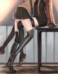  2girls black_hair black_legwear black_skirt girls_frontline highres indoors light_brown_hair long_hair m4_sopmod_ii_(girls_frontline) mechanical_arm mmm_(ji1945) multicolored_hair multiple_girls no_shoes pleated_skirt redhead ro635_(girls_frontline) sitting skirt streaked_hair thigh-highs two-tone_hair 