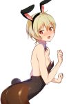  1girl :d absurdres ahoge animal_ears arched_back ass bangs bare_arms bare_shoulders black_hairband black_leotard blonde_hair blush breasts brown_legwear bunny_girl bunny_tail bunnysuit cleavage collarbone cowboy_shot detached_collar fake_animal_ears from_side hair_between_eyes hairband hand_up head_tilt highres ichihara_chiaki konbu_wakame leotard looking_at_viewer looking_to_the_side nose_blush open_mouth pantyhose rabbit_ears red_eyes sekai_de_ichiban_oppai_ga_suki! short_hair sidelocks simple_background small_breasts smile solo standing tail white_background 